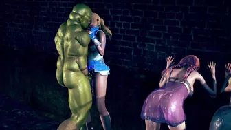 three lewd girls fuck with goblin in the back alley