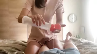 A beautiful woman in a nurse's outfit gives a slimy lotion handjob from the top of her pants [missio