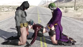 Harley Quinn, Joker, Batman Public Threesome on highway road in Texas.