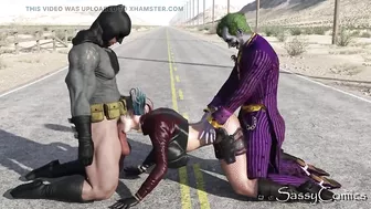 Harley Quinn, Joker, Batman Public Threesome on highway road in Texas.