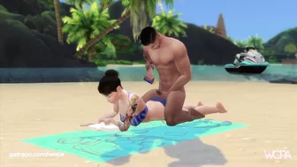 Tattooed brunette having sex with two strangers on public beach