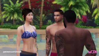 Tattooed brunette having sex with two strangers on public beach