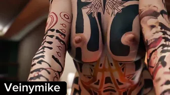 3D tattoo girl fucked from the back, made her boobs bounce