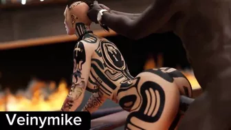 3D tattoo girl fucked from the back, made her boobs bounce