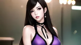 tifa posing and showing her big gits in her purple "refined dress"