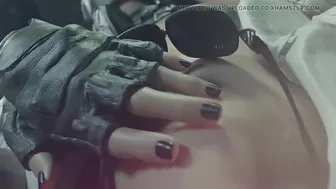 Cute girl in military uniform masturbates and sucks huge cock