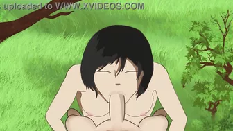 Mikasa enjoys a lovely weather while giving a blowjob and get cumshots on her face AoT