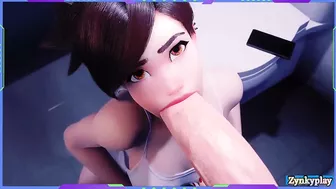 Overwatch tracer date in public bathroom and her friend tracer suck big cock and cum in her pussy