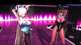 Two milfs in bunny costumes sexy dance using pole