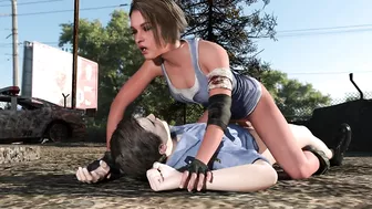 Jill Valentine having sex with Leon Kennedy outdoors.