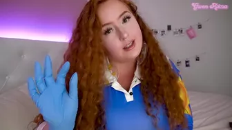 busty MILF Ms Frizzle inspects small cock, gives gloved handjob with small penis encouragement