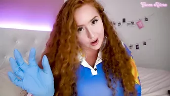 busty MILF Ms Frizzle inspects small cock, gives gloved handjob with small penis encouragement