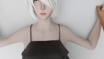 Kiss 2b's ear and cum on her face.