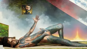 Tattooed hippie masturbating passionately in outer space *AI porn*