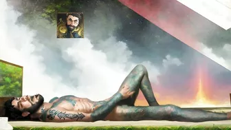 Tattooed hippie masturbating passionately in outer space *AI porn*