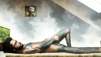 Tattooed hippie masturbating passionately in outer space *AI porn*