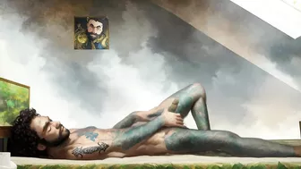 Tattooed hippie masturbating passionately in outer space *AI porn*