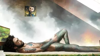 Tattooed hippie masturbating passionately in outer space *AI porn*