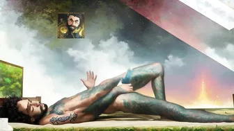 Tattooed hippie masturbating passionately in outer space *AI porn*