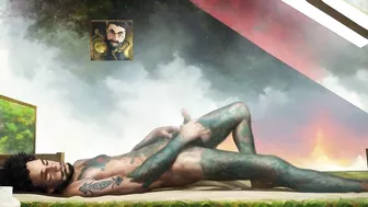 Tattooed hippie masturbating passionately in outer space *AI porn*