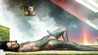 Tattooed hippie masturbating passionately in outer space *AI porn*