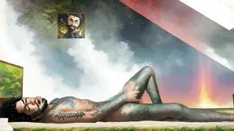 Tattooed hippie masturbating passionately in outer space *AI porn*