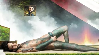 Tattooed hippie masturbating passionately in outer space *AI porn*