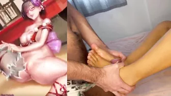 My friend masturbated me using her delicate feet and wanted to help me by watching hentai