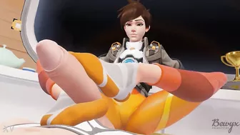 Tracer milking big cock with her feet