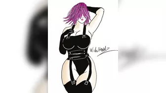 Lady with purple hair shaking her hips