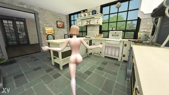 Horny girl touches herself in the kitchen