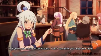 Aqua loses a bet with Kazuma and has to pay