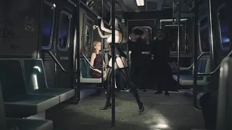 3D blonde Asian stripper naked her boos on the subway