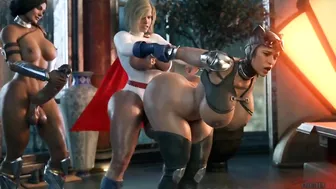 Futanari Wonder-Woman and Power Girl roughly fuck Cat-Woman (3D DC Animation)