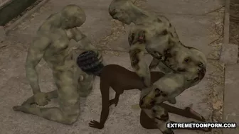 3D Ebony Babe Double Teamed by Zombies