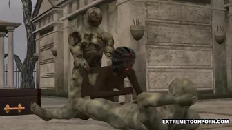 3D Ebony Babe Double Teamed by Zombies