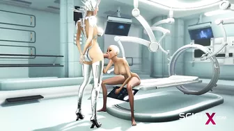 Sex android futanari plays with a sexy blonde in the sci-fi med bay