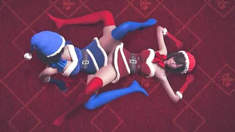 Girls in Christmas costumes rub their pussies and cum