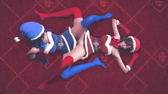 Girls in Christmas costumes rub their pussies and cum