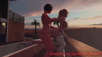 Futanari fucks a girl on the balcony